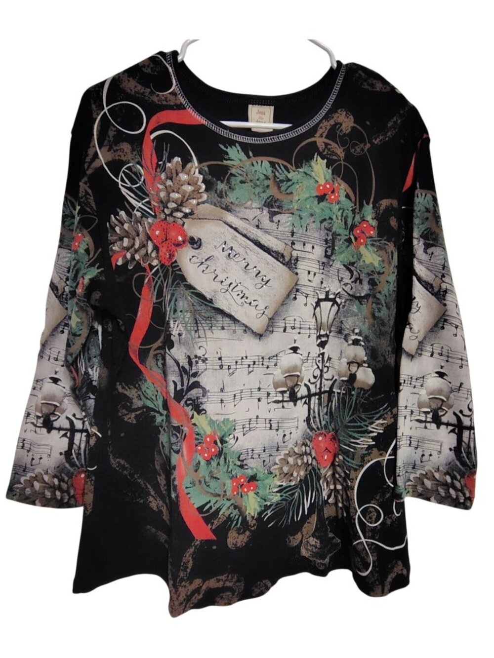 Jess & Jane Season's Melody 1X Pullover Top, Merry Christmas Wreath Pine Cones